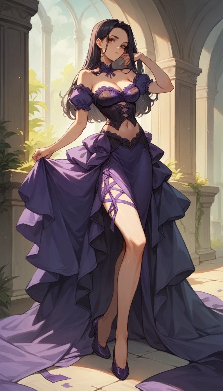A tall sexy sensual girl, beautiful, long black hair, her brown eye, dresses in a corset, purple thread, shows her navel and a purple denim skirt, long purple heel.