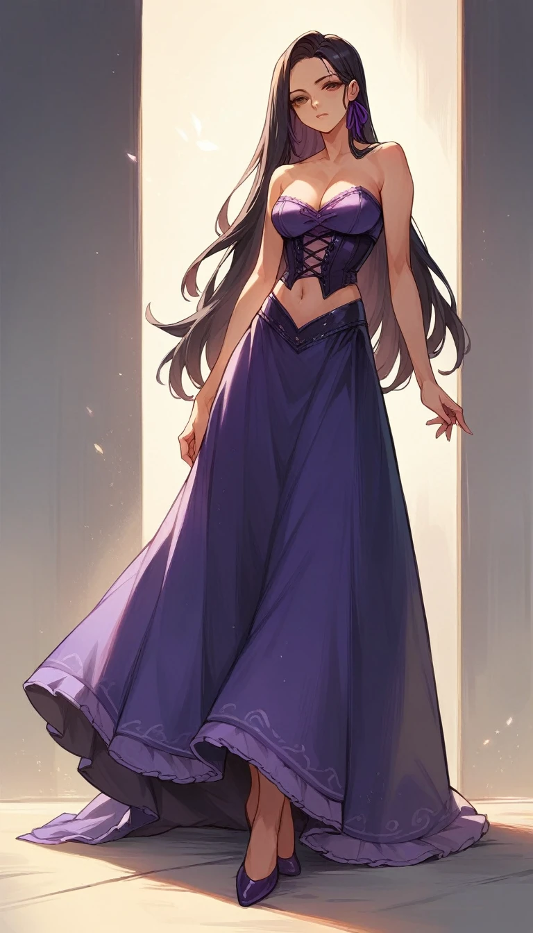 A tall sexy sensual girl, beautiful, long black hair, her brown eye, dresses in a corset, purple thread, shows her navel and a purple denim skirt, long purple heel.