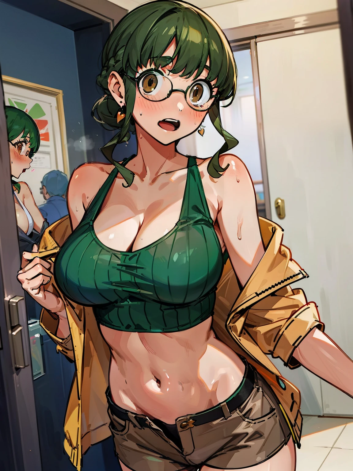 (Masterpiece), Best Quality, ultra-detailed, 1girl ( anosillus II, Slender and sexy body, Big and pretty breasts, naked body, dark green hair, brown eyes), a surprised face, open mouth, solo, nose blush, blush, facing viewer, looking at viewer, yellow jacket, green tank_top, cleavage, navel, brown shorts, in the house, standing, Open the door, Sexy waist teasing