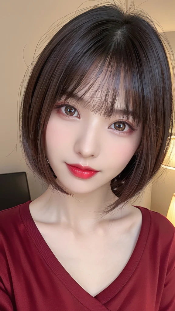 (Highest quality、Tabletop、8K、Best image quality、Award-winning works)、(One Girl, ************:1.3)、(Perfect V-neck long knit red sweater:1.2)、(Red eyeshadow:1.2)、Perfect Makeup、Long eyelashes、Ultra-high definition sparkling eyes、Ultra HD Hair、Ultra-high resolution glossy lips、Ultra High Resolution Perfect Teeth、Ultra HD cute face、Brown Hair、(Very short straight hair:1.1)、Look at me and smile、[clavicle]、Accurate anatomy、(Face close-up:1.5)、Luxury Love Hotel、(The most atmospheric and warm lighting:1.2)、Blurred Background、With bangs、Ultra-high-definition, shiny, moisturized face、Ultra-high resolution glowing skin、The most detailed face、Super high resolution detailed faces、ultra high resolution hair、Ultra-high resolution sparkling eyes、Beautiful face drawn in every detail、Ultra high resolution glossy red lips