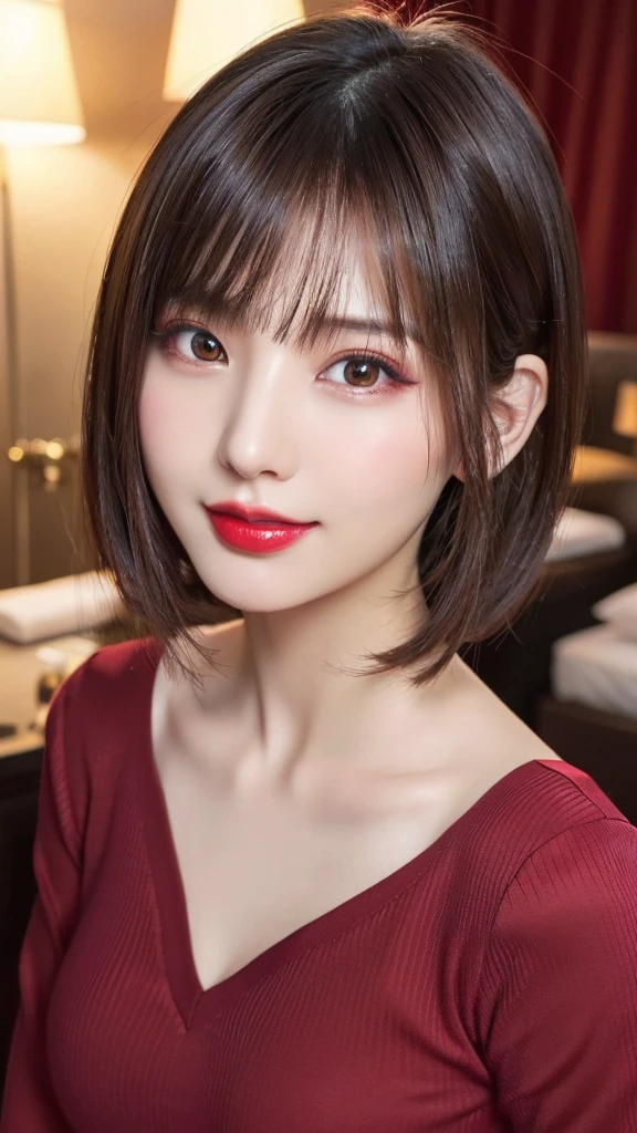 (Highest quality、Tabletop、8K、Best image quality、Award-winning works)、(One Girl, 14 years old:1.3)、(Perfect V-neck long knit red sweater:1.2)、(Red eyeshadow:1.2)、Perfect Makeup、Long eyelashes、Ultra-high definition sparkling eyes、Ultra HD Hair、Ultra-high resolution glossy lips、Ultra High Resolution Perfect Teeth、Ultra HD cute face、Brown Hair、(Very short straight hair:1.1)、Look at me and smile、[clavicle]、Accurate anatomy、(Face close-up:1.5)、Luxury Love Hotel、(The most atmospheric and warm lighting:1.2)、Blurred Background、With bangs、Ultra-high-definition, shiny, moisturized face、Ultra-high resolution glowing skin、The most detailed face、Super high resolution detailed faces、ultra high resolution hair、Ultra-high resolution sparkling eyes、Beautiful face drawn in every detail、Ultra high resolution glossy red lips