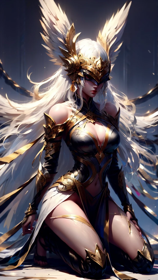 A very beautiful female empress, white hair, bob hair, short-hair, yellow eyes, olhos intensos, red nails, youthful face, notable physical features, slim, muscular but well-proportioned body. Wearing traditional Chinese imperial clothing in black with gold details, with red Hanafuda earrings, with a red skirt with gold details, a black string sandal. Kneeling on a white bed in an ancient Chinese room, with a full moon and stars in the window in the background with flashes of light reflecting on the body.