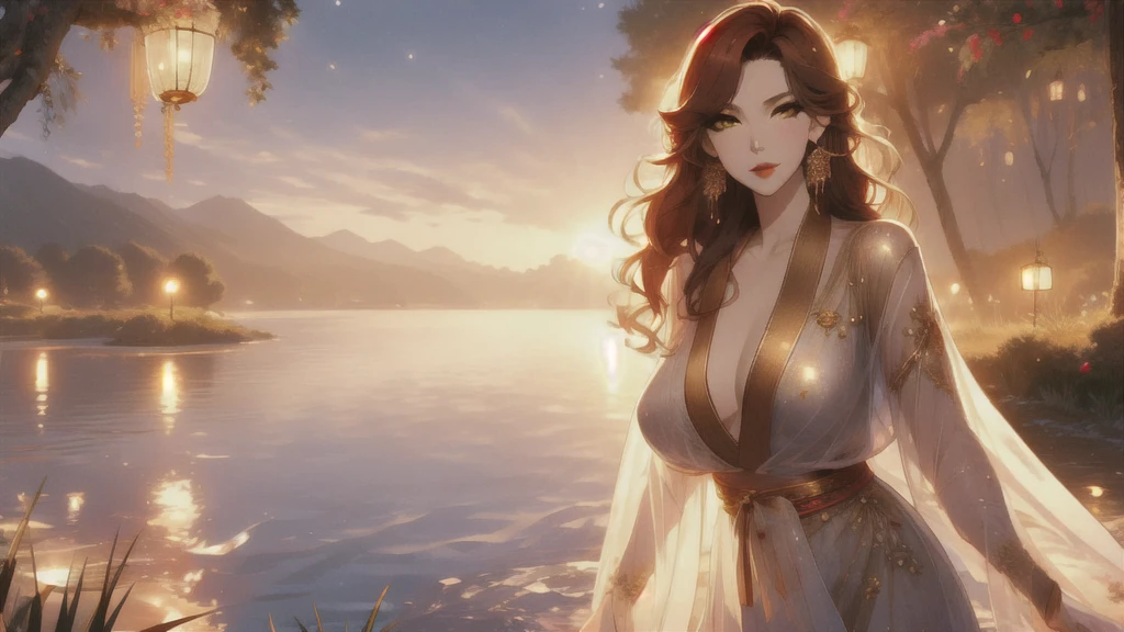 UHD, textured skin, high detail, anatomically correct, SOLO, 1 female, Xian mei, unique golden eyes, long red curly hair, jewelry, round, big breasts, perfect anatomy, walking by the lake, clear water nude, nude, sexy, hot , stars at night, shooting stars, wonderful sky, dear night sky,
