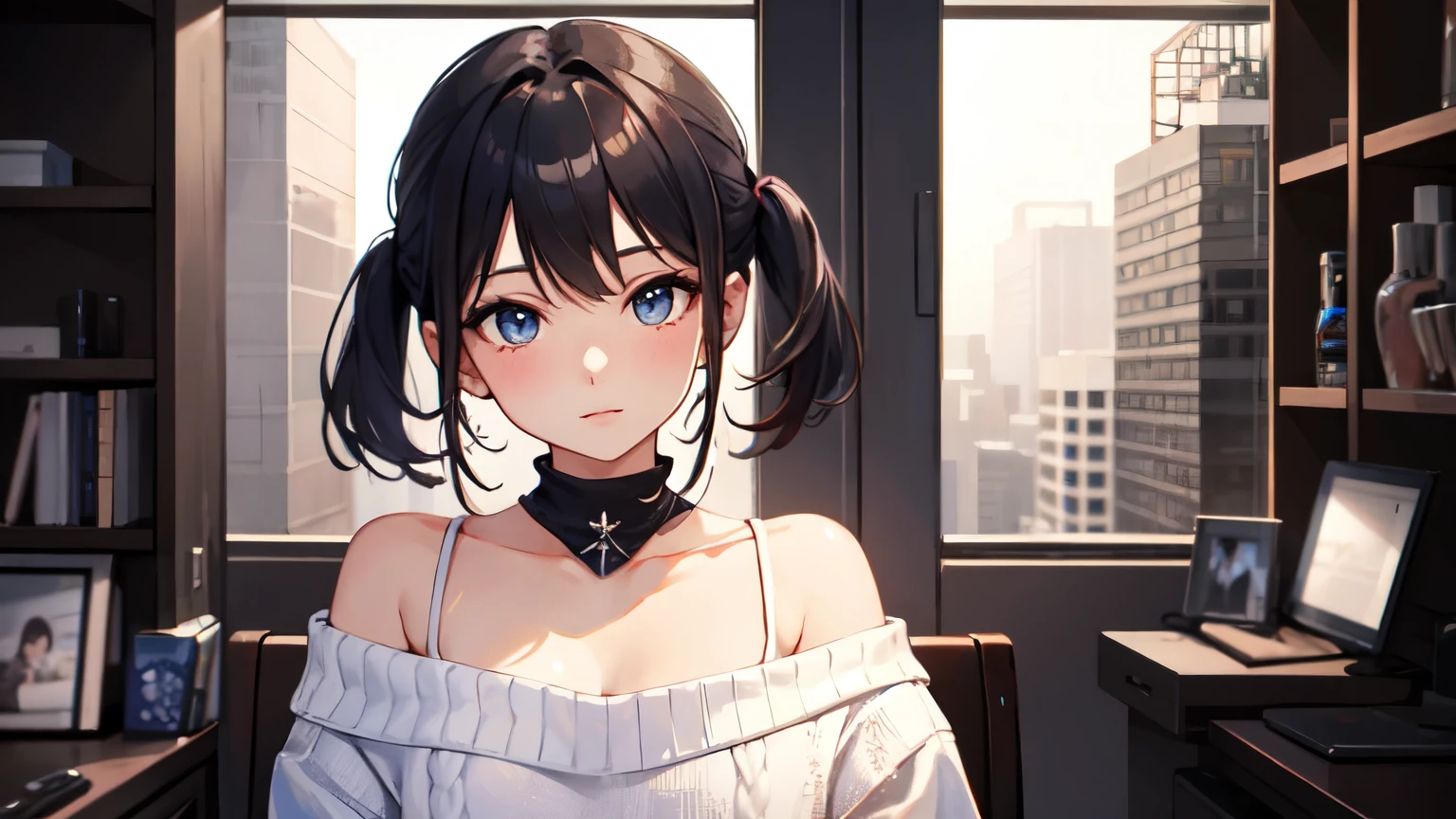 ((Highest quality)), ((masterpiece)), (detailed), One girl, Off-the-shoulder sweater,Blue light、Rubik's Square, A beautiful girl with white hair and a ponytail、Has purple eyes、Standing in the quiet space at dusk。The sunset sky spreads around the girl.、The light reflects off the girl's hair and skin.。Blurred trees in the background々and buildings can be seen。