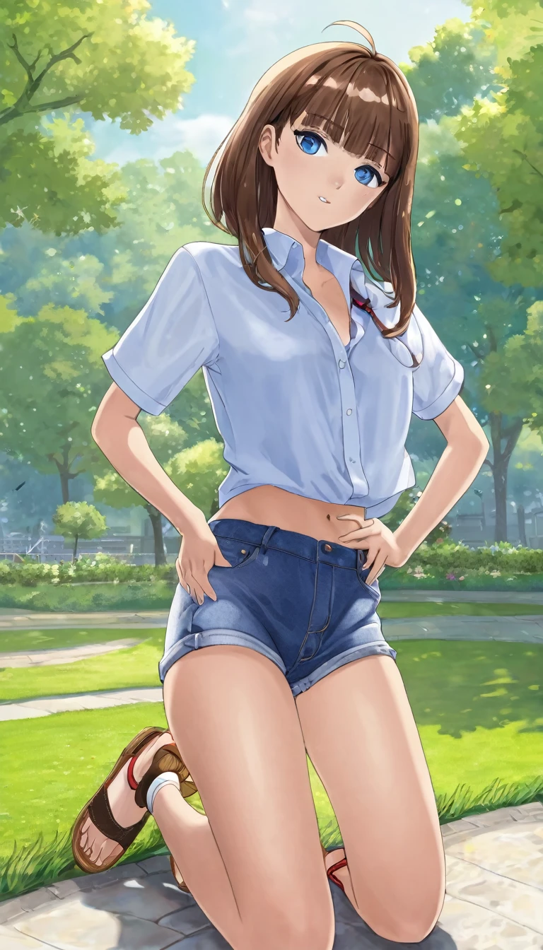 BREAK Perfect Anatomy、(High resolution:1.2)、Incredible illustrations、(Cute illustrations:1.2)、
(nsfw)(hip focus,) (Beautiful background(planting in the park))
1girl((brown hair,asymmetric bangs, tanned skin: 1.3,blue eyes,fang)1girl( (( shirt, hot pants,thigh-high socks,
sandals),shirt lift shirt,bottomless,))(heavy breathing:1.3 ,vulgarity:1.8,pussy juice:1.5),Kneeling,
