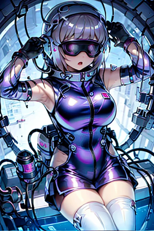 1 Girl, whole body, (space helmet):10,He has a large metal helmet on his head that covers his hair and eyes., tube, wire, She gets electrocuted, brainwashing,astrovest,bing_astronaut,blush,torogao,