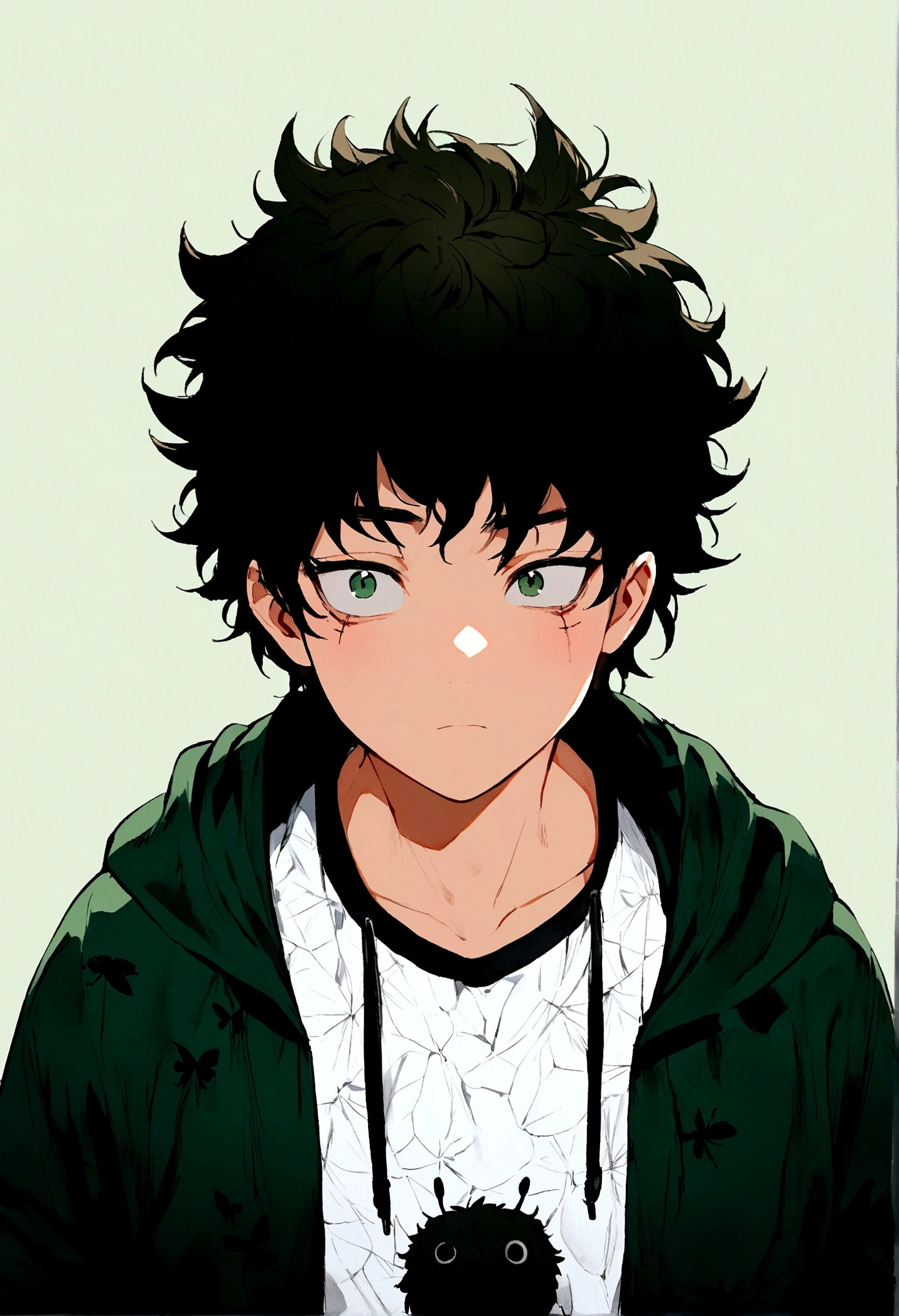 young male, dark fluffy hair, dark green open hoodie, bug theme, eye bags, school background