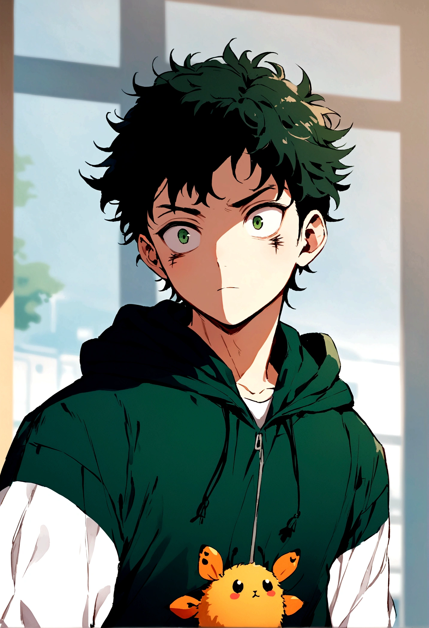 young male, dark fluffy hair, dark green open hoodie, bug theme, eye bags, school background