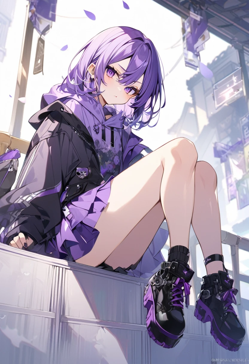 Keito。Purple Eyes。Purple Hair。Purple Skirt。Black shoes下。Black shoes。Purple hoodie