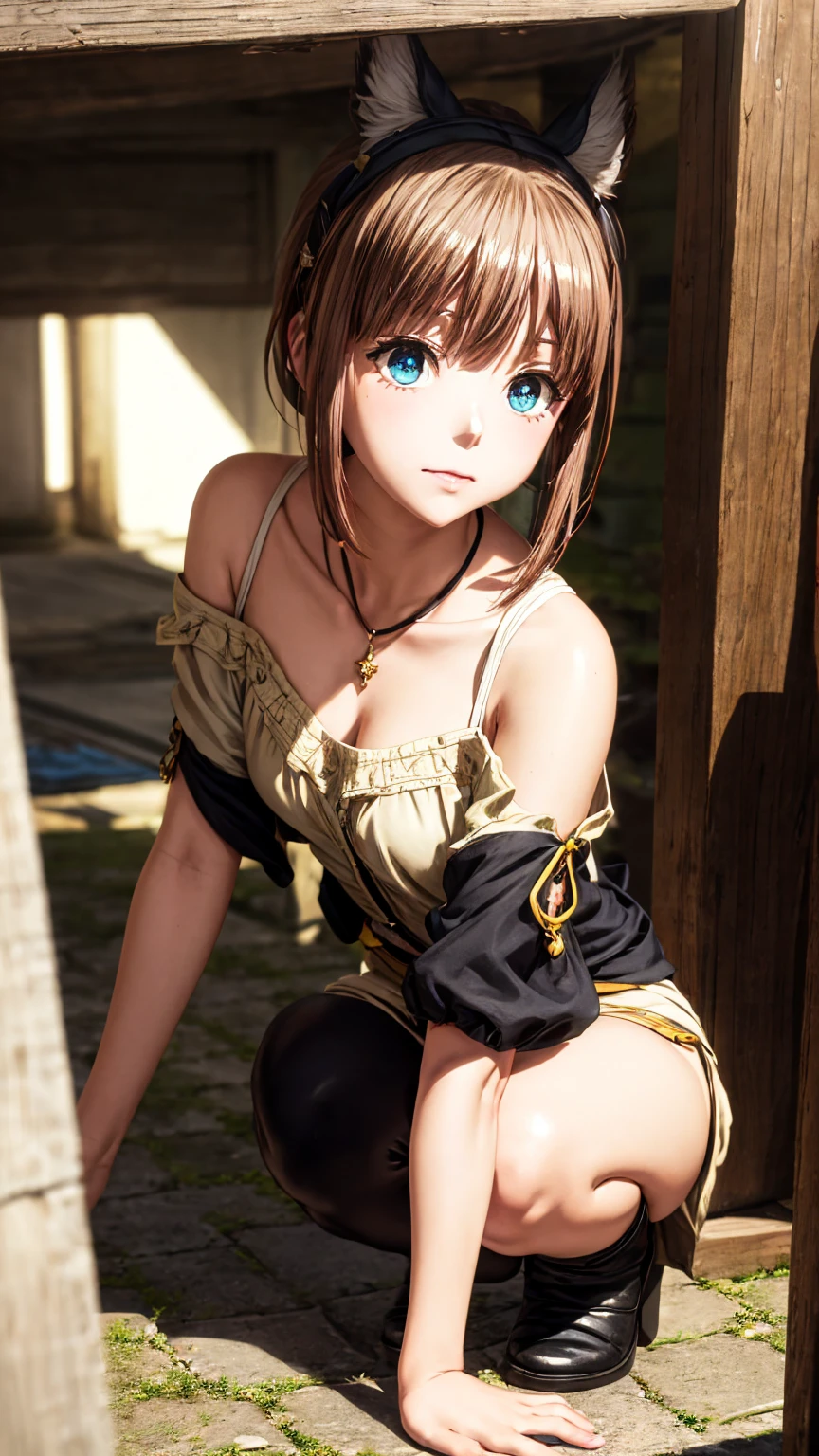 、Crouching、Super detailed、Particles of light:0.5、Beautiful Eyes、Natural Texture、Reisalin "Ryza" Stout (Lizalynn Stout) - Atelier Ryza: Ever Darkness & the Secret Hideout The Animation (Ryza no Atelier: Tokoyami no Joou to Himitsu no Kakurega) (Atelier Ryza ~The Queen of Darkness and her Secret Hideout~) - COMMISSION、、Off the shoulder、sexual temptation、