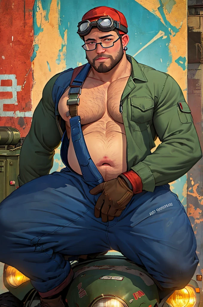 george pei, 1boy, solo, mature male, masterpiece, round face, short beard, stumble, glasses, stocky body, gay bear, big chest, muscular, ((best quality)), ((masterpiece)), ((realistic)),Disney,animation,8k wallpape,A handsome 30-year-old muscular male,broad shoulders,(fat body),puffy nipple,musclebears,chubby,large pectorals,
mechanicoveralls,naked overalls,gloves,holding wrench,goggles on head,backwards hat,in front of off-road vehicle,
relaxed,earrings,dog tag,spread legs,thick thighs,masterpiece,best quality,highly detailed,perfect lighting,