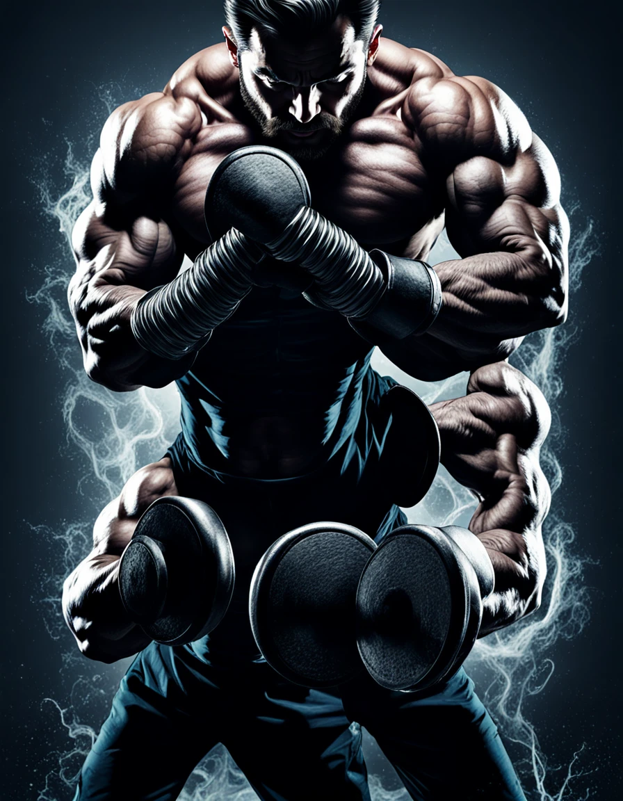 Sailor Popeye faithful to the work, lifting a big dumbbell as a bodybuilding athlete, highlighting your chin and forearm, your muscles well defined, Symmetrical, not exaggerated, harmonic, classic sailor look with pipe, black beard. with a powerful expression, Determined, force. The background of the image with elements of the work such as spinach, pipe and a gym, like weights, dumbbells, training equipment. With an intense atmosphere. Essence "badass" clenched fists, left eye is white . highy detailed, film, bokeh, proffesional, highy detailed