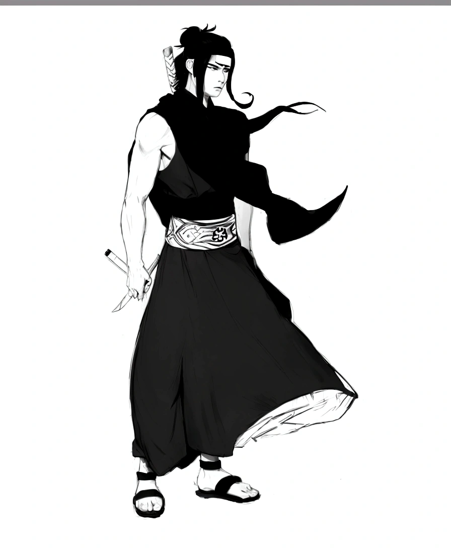 a drawing of a young man in a school kimono, full body concept, dressed with long fluent clothes, using a scarf, long hair using a kanszashi stick in the hair to hold the hair bun decorated with a red ribbon and a feather, wear socks and sandals, strong, exposed arms, holding a socket adaga inspirada na arma do personagem asuma Sarutobi na mão direita, look serious and worried, holding a socket/kunai in right hand pointing backwards, holding a dagger in his right hand with a socket, holding tekko socket gun