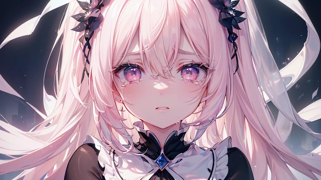 (darkness), ((Beautiful eyes)), (((tears))), (((Highest quality、masterpiece、Ultra-fine、Ultra-fine、Exquisite、16K、Full HD,))) 、Long eyelashes、White skin、(thin and long)、 ((cute)) ((One person)),Zoom out,(A magnificent composition、epic proportion)、(Pale pink lips、Pale pink cheeks、thin and long)、Dynamic lighting,