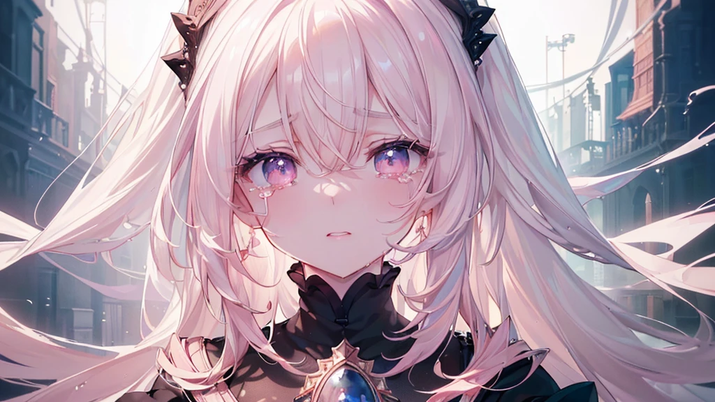 (darkness), ((Beautiful eyes)), (((tears))), (((Highest quality、masterpiece、Ultra-fine、Ultra-fine、Exquisite、16K、Full HD,))) 、Long eyelashes、White skin、(thin and long)、 ((cute)) ((One person)),Zoom out,(A magnificent composition、epic proportion)、(Pale pink lips、Pale pink cheeks、thin and long)、Dynamic lighting,