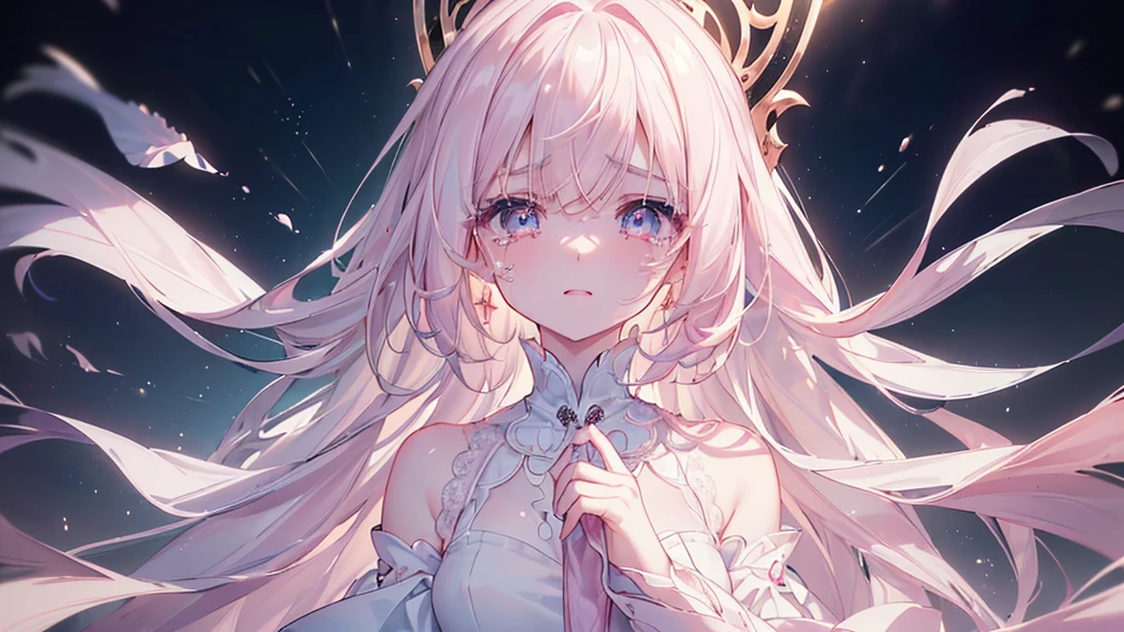 (darkness), ((Beautiful eyes)), (((tears))), (((Highest quality、masterpiece、Ultra-fine、Ultra-fine、Exquisite、16K、Full HD,))) 、Long eyelashes、White skin、(thin and long)、 ((cute)) ((One person)),Zoom out,(A magnificent composition、epic proportion)、(Pale pink lips、Pale pink cheeks、thin and long)、Dynamic lighting,