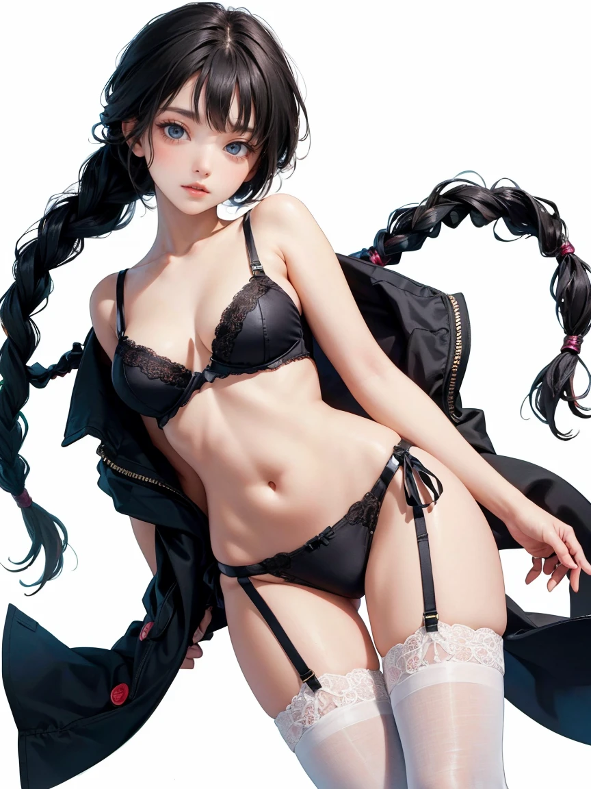 White underleg lace lingerie , Lace stockings , eye makeup , cute girl , detailed eyes , braided hairstyle , white background