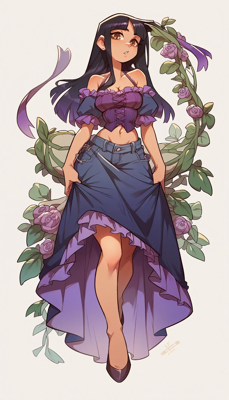 A tall sexy sensual girl, beautiful, long black hair, her brown eye, dresses in a corset, purple thread, shows her navel and a purple denim skirt, long purple heel.