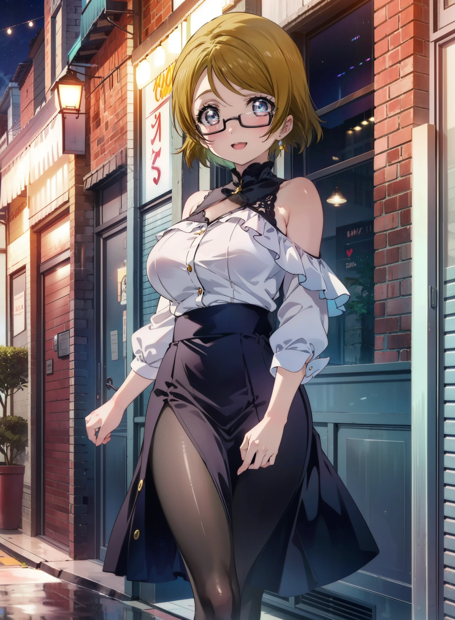 hanayo koizumi, hanayo Koizumi, short hair, Brown Hair, Purple eyes,Big Breasts,Black-rimmed glasses,Cold Shoulder Shirt,Long skirt,Black pantyhose,Stiletto heels,happy smile, smile, Open your mouth,まるでwhole bodyがイラストの中にいるかのように,Walking,
break looking at viewer, whole body,
break outdoors,Building district,
break (masterpiece:1.2), Highest quality, High resolution, unity 8k wallpaper, (shape:0.8), (Beautiful and beautiful eyes:1.6), Highly detailed face, Perfect lighting, Extremely detailed CG, (Perfect hands, Perfect Anatomy),