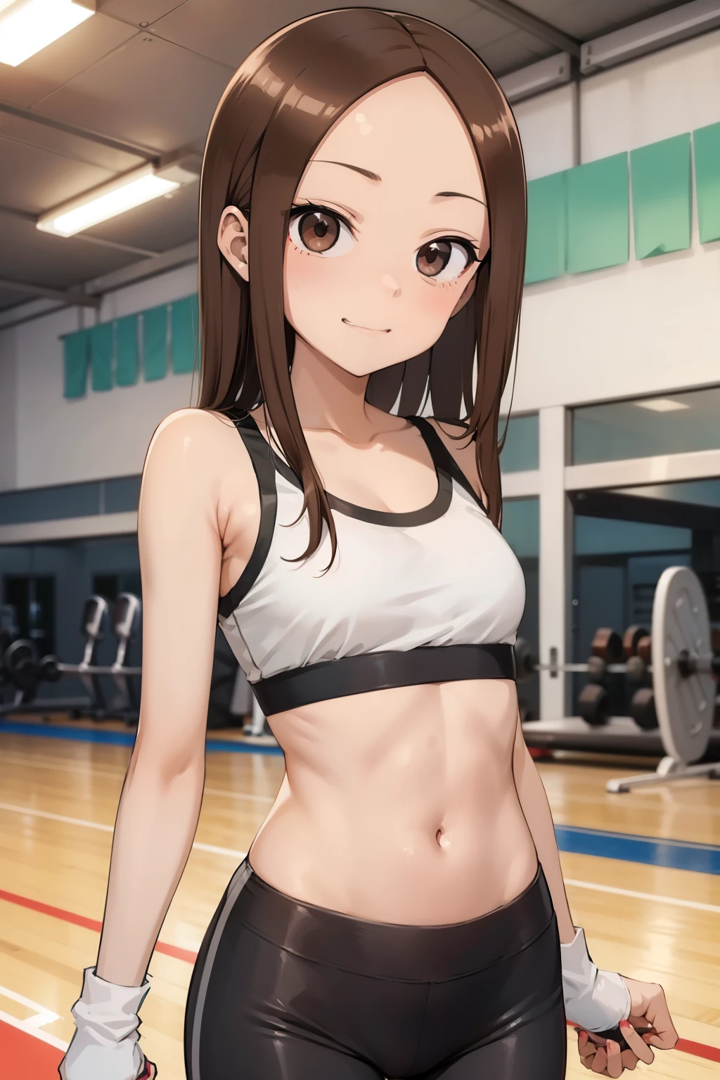 Takagi-san,  young girl, toned body, sports bra, flat chest, smug riso , sexy tight leggings ,marca de calcinha , gym .  