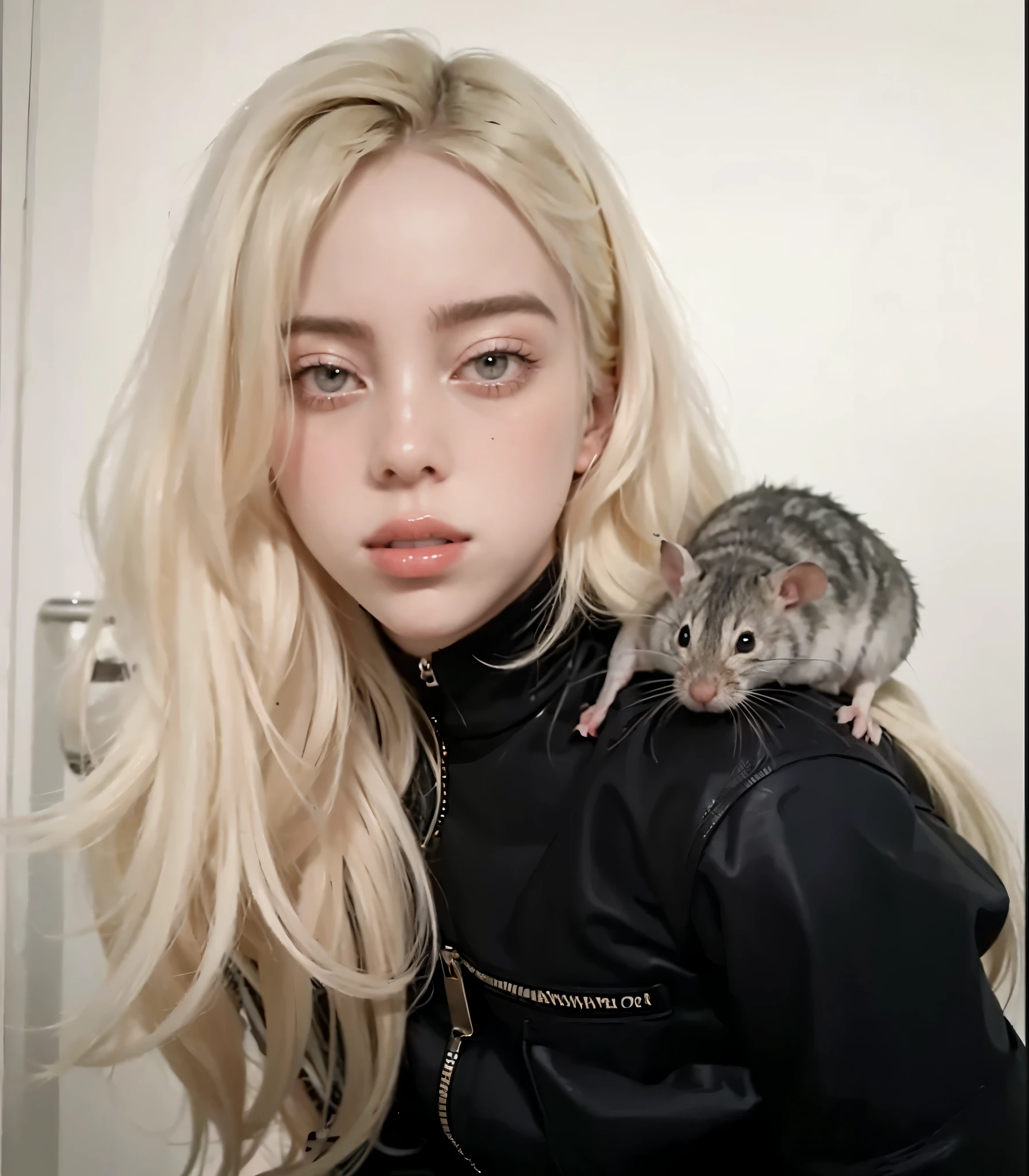 Billie Eilish with a rodent mouse on her mouse shoulder