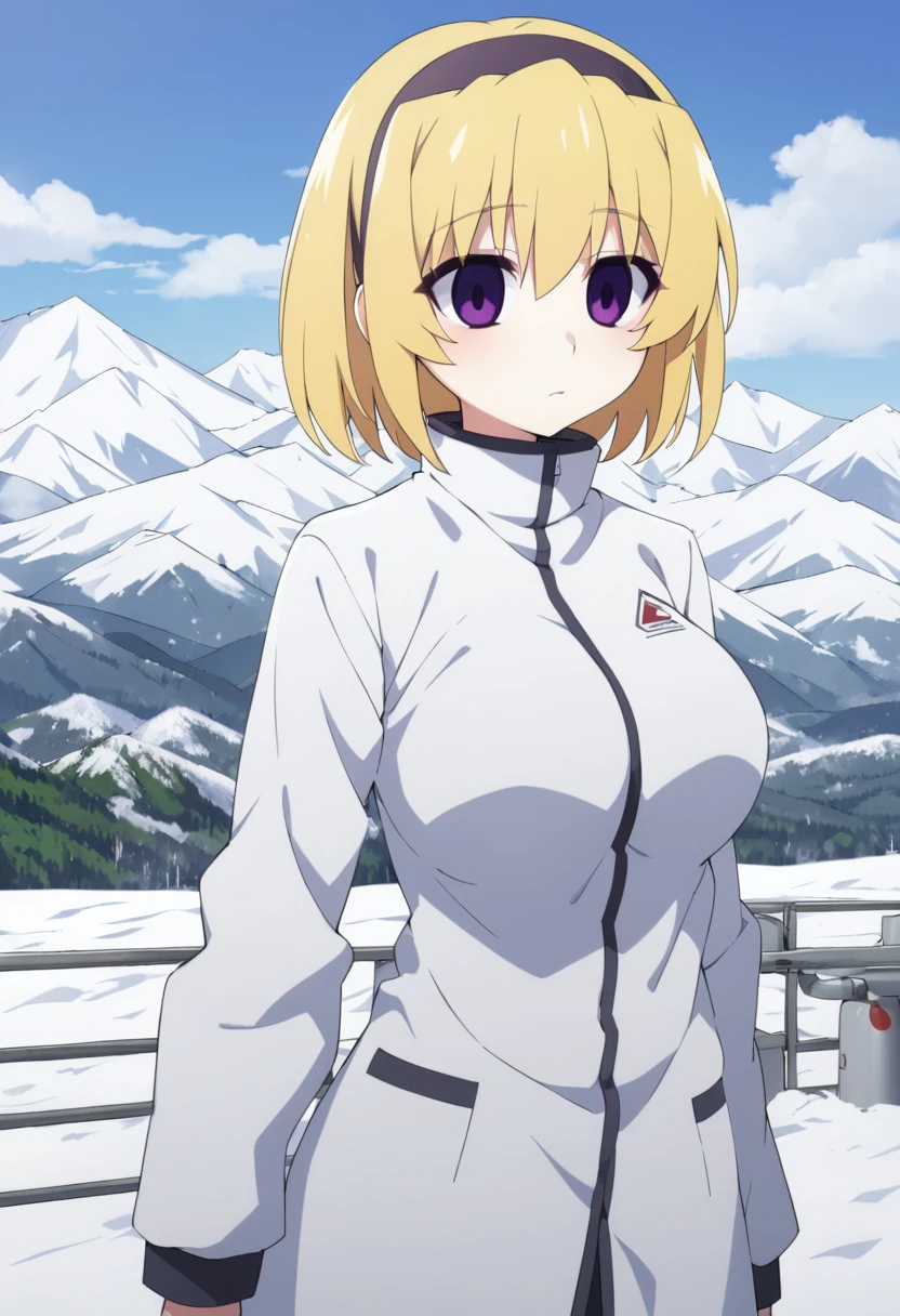 blonde hair, short hair, hairband, Purple eyes, ars old, , empty eyes , large breasts, 独奏, nipple, Petrochemical, , Heavy snowfall area　freeze wet , Mountain ,独奏, Expressionless, naked