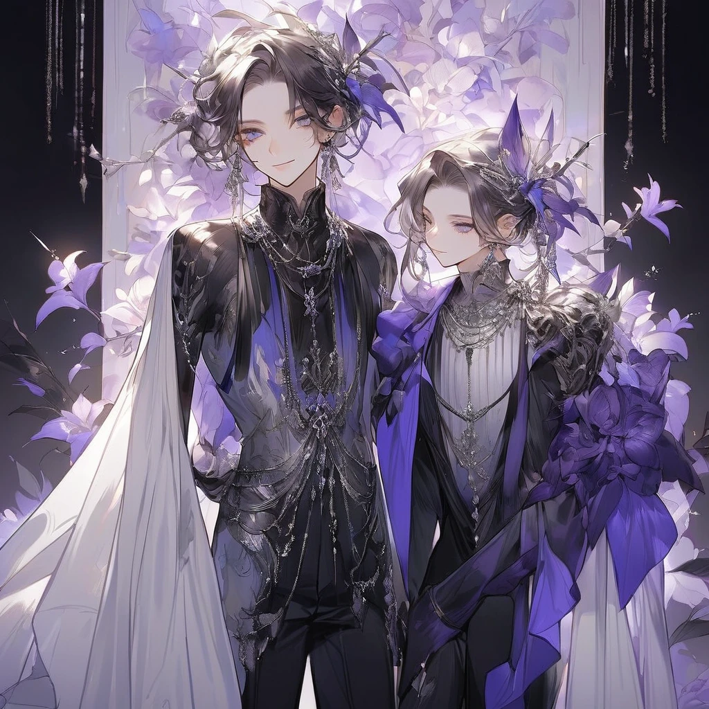 Feminine boy, beautiful soft facial features, smile, squinted siren dark blue eyes without glare, silver long loose hair with straight bang, fantasy black fit clothes with blue and purple elements, long black gloves, model, gorgeous, elegant, lots of silver jewelry, flowers in his hair, skinny body