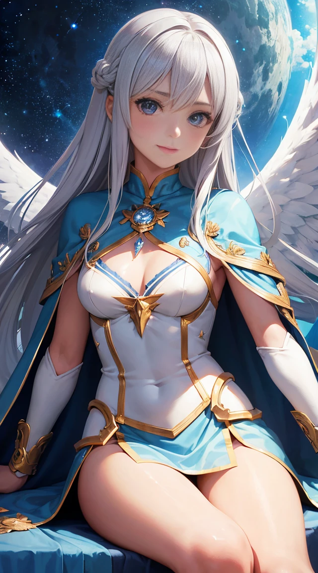 whole body, Silver Haired Girl, Golden Eyes, Angelic body and face, And a miniskirt with blue crystal armor, Wield a spear, Wear a cloak, shield, With gold ring, Sitting on the blue sky throne, White Seraphim Wings, evening, and dawn background scene, Magic circle with diamond stars, An innocent smile, Stable Diffusion v5, Anime Style V3, Lola Style v5, dynamic, Image Enhancement, Shape of a dream, Vibrant, Realistic Face, 32k resolution, Deluxe, Sharp focus, Highest quality, masterpiece, GhostMix, Flat Color, flat light.