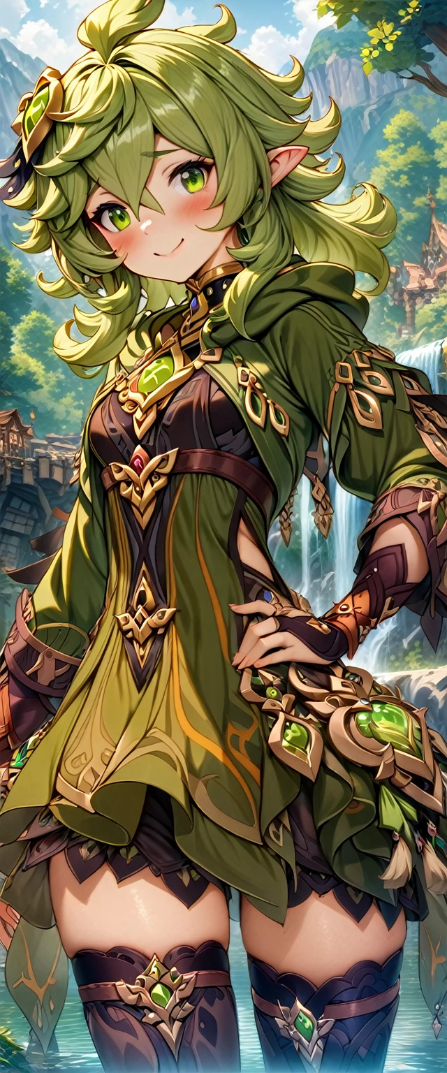(masterpiece), (highest quality), (illustration), (super detailed), (high resolution), absurdity, 1girl,collei,genshin impact,pointy ears,forest village,forest trees,lake,waterfall,blush,smile,cowboy shot,(princess dress),elf princess,shy