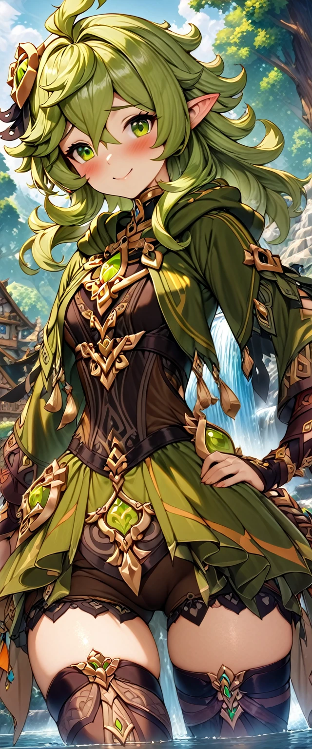 (masterpiece), (highest quality), (illustration), (super detailed), (high resolution), absurdity, 1girl,collei,genshin impact,pointy ears,forest village,forest trees,lake,waterfall,blush,smile,cowboy shot,(princess dress),elf princess,shy