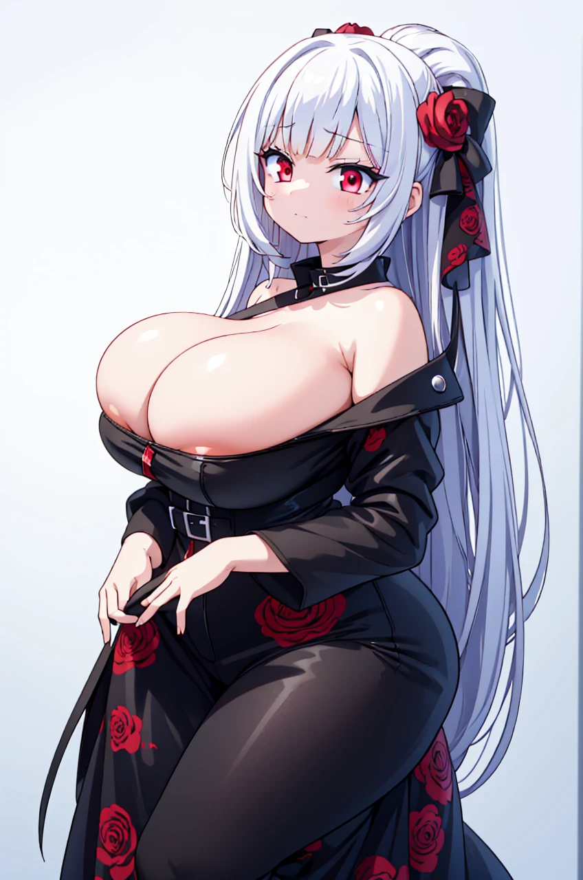 extremely detailed, masterpiece, high resolution, black , deep sharp red eyes, sharp face, cold, beautiful, long white hair, y face, curvy figureblack , deep sharp red eyes, sharp face, cold, beautiful, long white hair, sexace, curvy figure