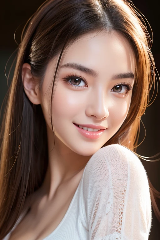 RAW Photo, DSLR BREAK (kkw-ph1:0.9) BREAK half body portrait of 1 young 20yo woman, black hair, wearing white dress, perfect eyes, black eyes, perfect lips, perfect nose, professional color graded, wonderful woman, dark background, cute woman, medium tits , smiling