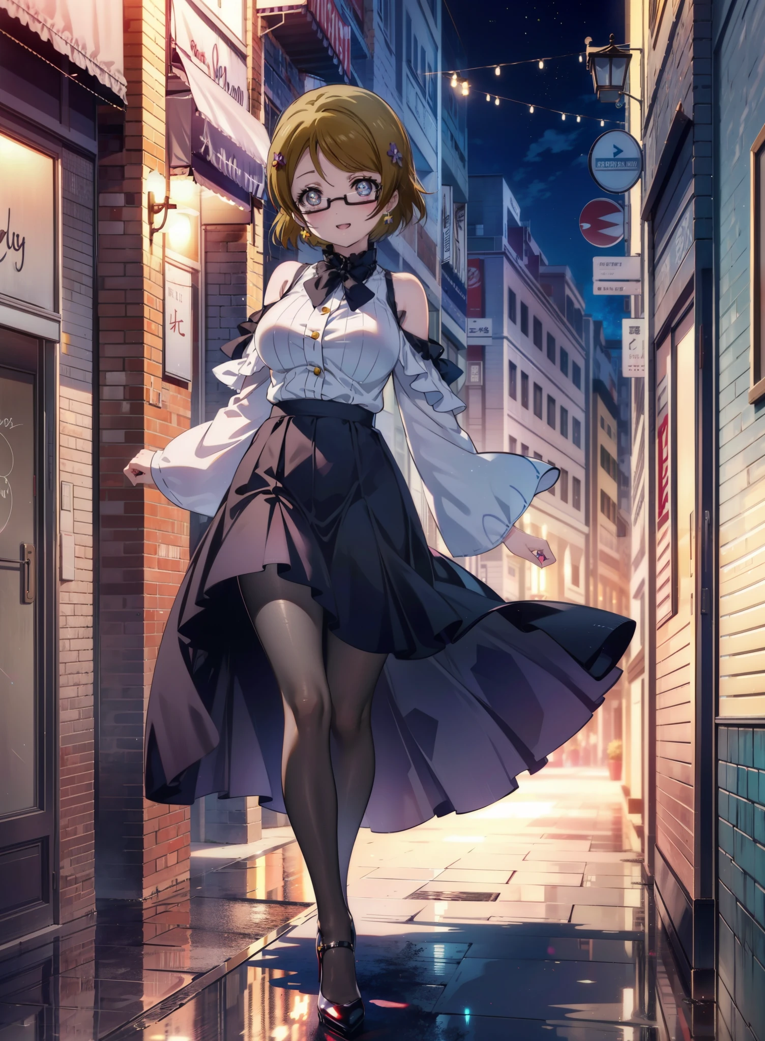 hanayo koizumi, hanayo Koizumi, short hair, Brown Hair, Purple eyes,Big Breasts,Black-rimmed glasses,Cold Shoulder Shirt,Long skirt,Black pantyhose,Stiletto heels,happy smile, smile, Open your mouth,まるでwhole bodyがイラストの中にいるかのように,Walking,
break looking at viewer, whole body,
break outdoors,Building district,
break (masterpiece:1.2), Highest quality, High resolution, unity 8k wallpaper, (shape:0.8), (Beautiful and beautiful eyes:1.6), Highly detailed face, Perfect lighting, Extremely detailed CG, (Perfect hands, Perfect Anatomy),