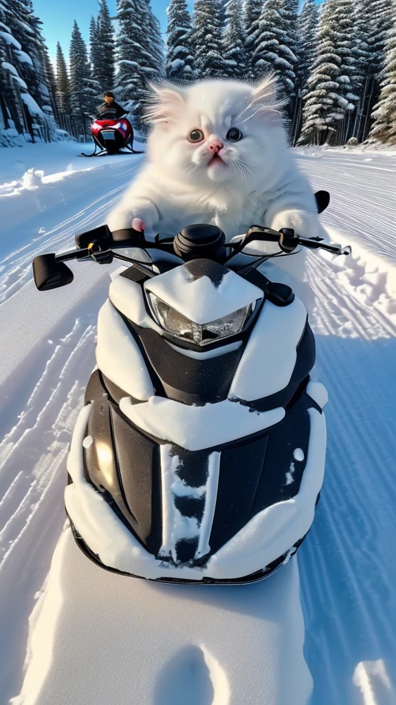 White, chubby kitten, wearing denim shorts, riding snowmobile, wide angle lens shot