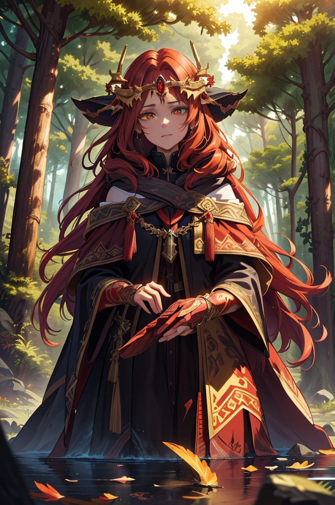 (extremely detailed CG unity 4k wallpaper),(masterpiece),(best quality),(ultra-detailed),(best illustration),(best shadow),(absurdres),(detailed background), Dark Fantasy forest setting, Shoulder length Red hair ( long hair), Red and Amber eyes, priestess cloak, neutral expression, close up, Circlet, hands clasped,
