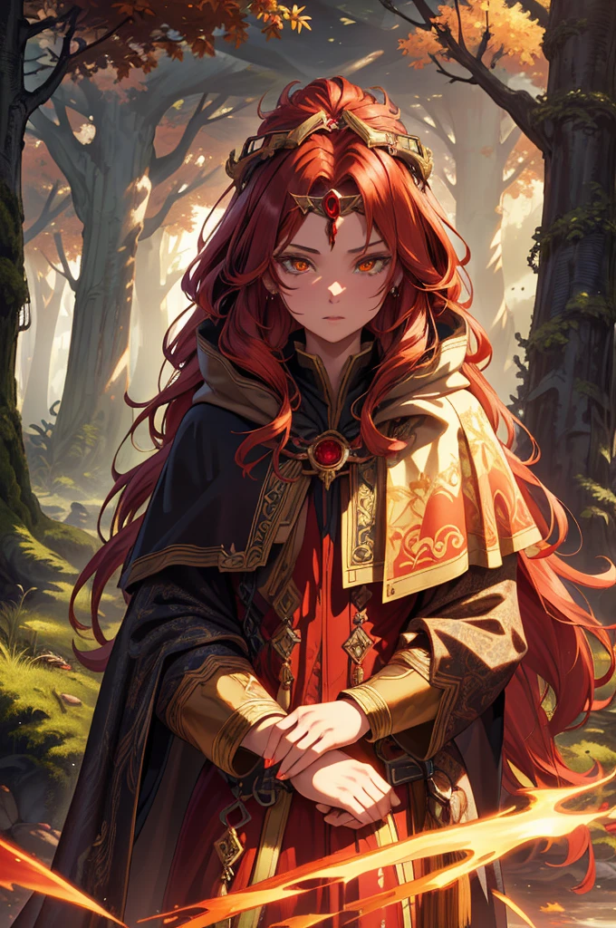 (extremely detailed CG unity 4k wallpaper),(masterpiece),(best quality),(ultra-detailed),(best illustration),(best shadow),(absurdres),(detailed background), Dark Fantasy forest setting, Shoulder length Red hair ( long hair), Red and Amber eyes, priestess cloak, neutral expression, close up, Circlet, hands clasped,