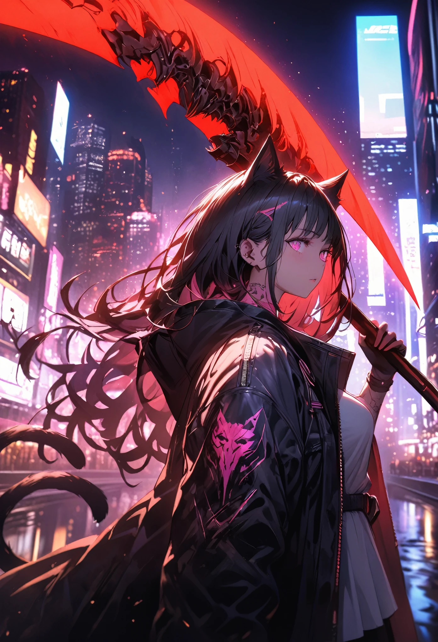 Detailed silhouette of a cyberpunk girl with cat ears and a tail, Flowing, Tattered coat, He is carrying a giant glowing red scythe with a mechanical tiger design on it., Stand on the glossy, Minimalist reflective surface, The background is a photorealistic cityscape, A big city with many skyscrapers, night, Neon Light, Background Blur, 