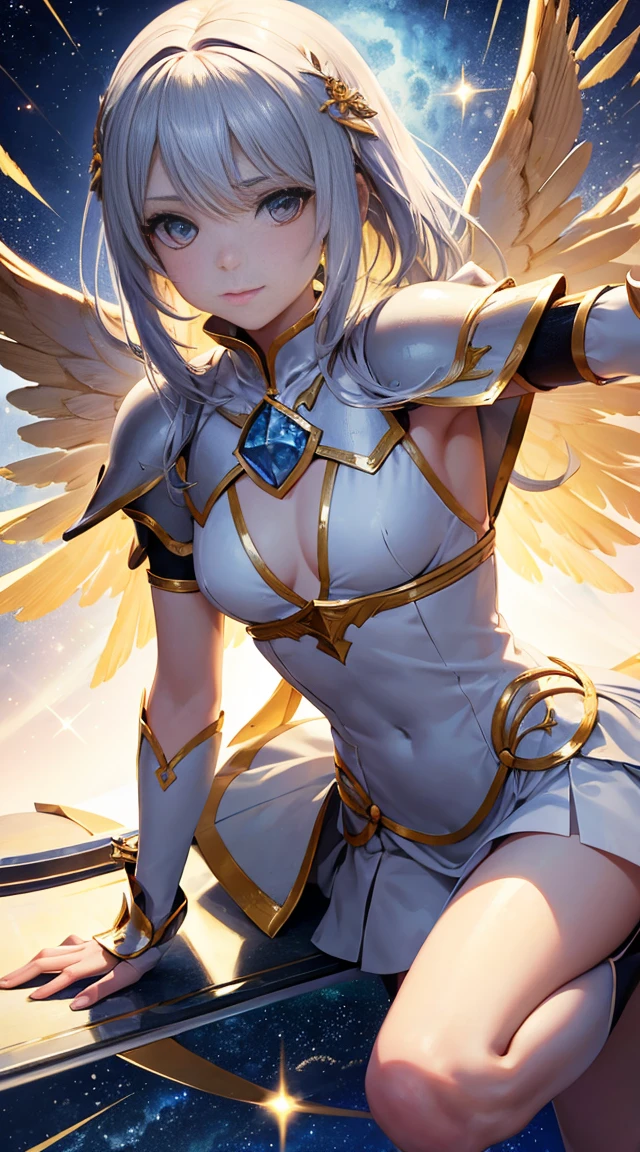 NSFW, (Perfect Anatomy)、Mastepiece、Ultra High Quality、 8K、masterpiece、Highest quality、Ultra-high resolution、Maximum resolution、Very detailed、Professional Lighting、anime、woman、thin、so beautiful、2girl, White sheer leotard、((Pink and white armor))、Shiny Armor、White decoration、Gorgeous tiara、Golden earrings、Blue Hair、Purple Eyes、Medium breast、Pink Lips、Elf Ears、White cloak、Costumes that dig into the crotch、Front open skirt, break, Open your mouth、White and purple enamel high leg leotard、Purple pattern、((Cyber Armor))、Shiny Armor、White decoration、Cyber Headgear、Shoulders show skin、Blue Earrings、Green Hair、long hair、Purple Eyes、Medium breast、Pink Lips、White cloak、Angel Wings、Blue sky with clouds、Full body view