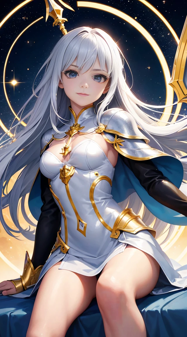A beautiful and sexy white-haired warrior woman with yellow eyes wearing white and gold sailor jupiter armor