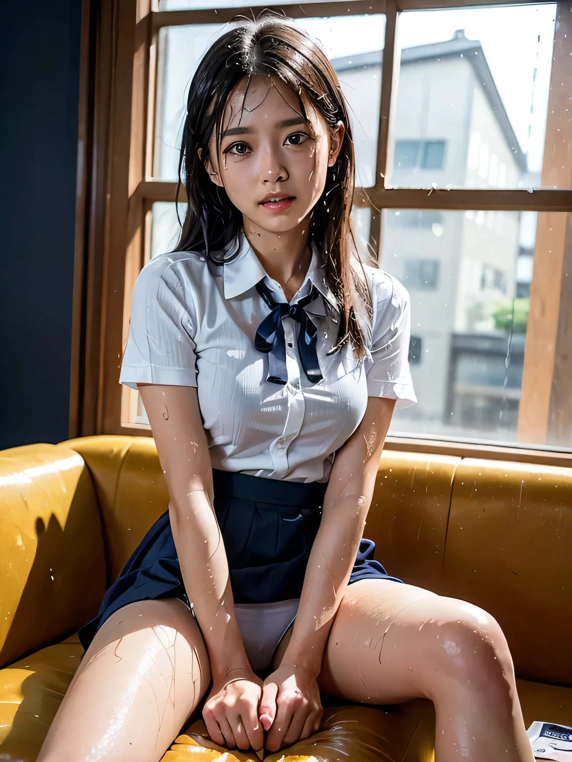 Very detailed CG Unity 8k wallpaper、Highest quality、Very detailed、masterpiece、reality、reality、Very detailedなかわいい女の子、、(Japan people in uniform)、((Photographed from the front:1.4))、((Shooting from a little below:1.4))、((Sitting on a red sofa:1.4))、blush、Cleft lip、Looking at the audience、Semi Body Shot、(A room in a love hotel)、(National High School Designated Shoes)、((Navy blue short pleated skirt:1.5))、((White short sleeve dress shirt for students:1.4))、((Navy blue panties:1.4))、((Dark blue ribbon:1.4))、(Long Hair Girl:1.7)、(Beautiful Face:1.3)、(perfect balance:1.2)、(Long legs:1.2)、(Small breasts:1.3)、((Blouse wet in the rain))、(Bra is sheer)、(((Wet Hair)))、((Upper Body))、reality、((Rain outside the window:1.4))、