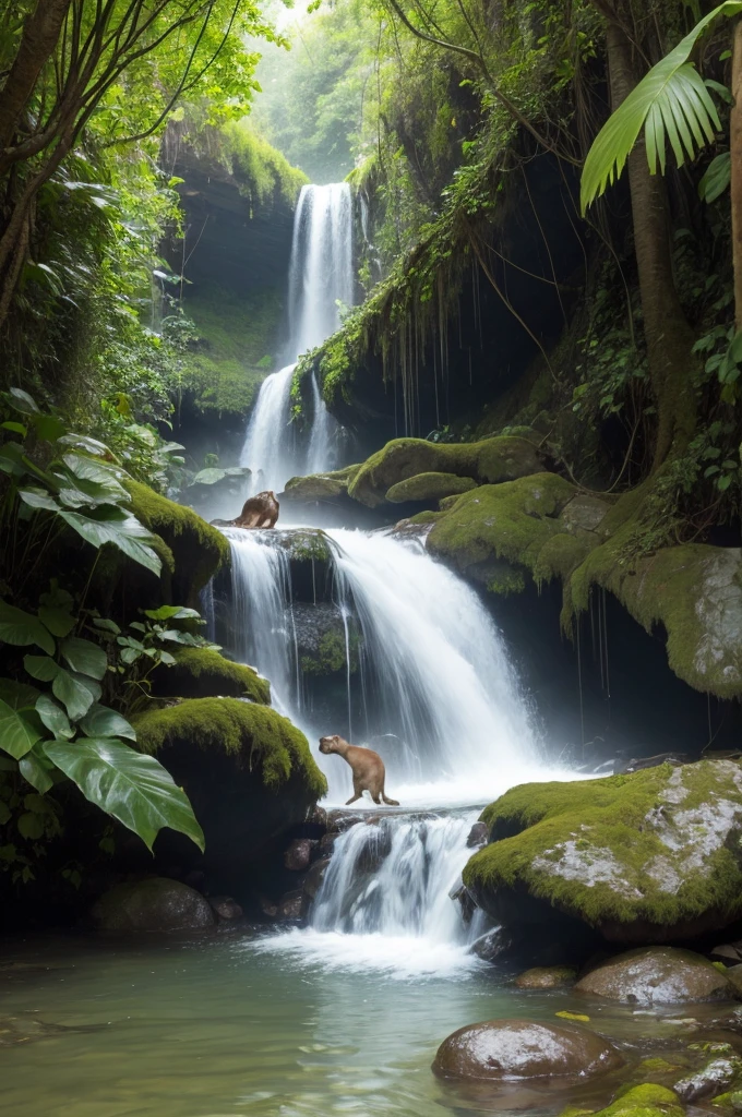 I want a patera(animal) in the jungle bathing in a waterfall 