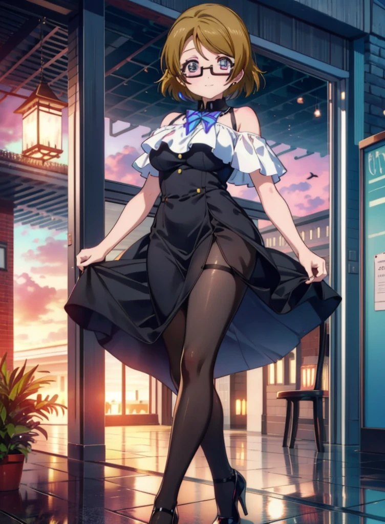 hanayo koizumi, hanayo　Koizumi, short hair, Brown Hair, Purple eyes,Big Breasts,Black-rimmed glasses,Cold Shoulder Shirt,Short sleeve,Long skirt,Black pantyhose,Stiletto heels,happy smile, smile, Open your mouth,まるでwhole bodyがイラストの中にいるかのように,Walking,
break looking at viewer, whole body,
break outdoors,Building district,
break (masterpiece:1.2), Highest quality, High resolution, unity 8k wallpaper, (shape:0.8), (Beautiful and beautiful eyes:1.6), Highly detailed face, Perfect lighting, Extremely detailed CG, (Perfect hands, Perfect Anatomy),