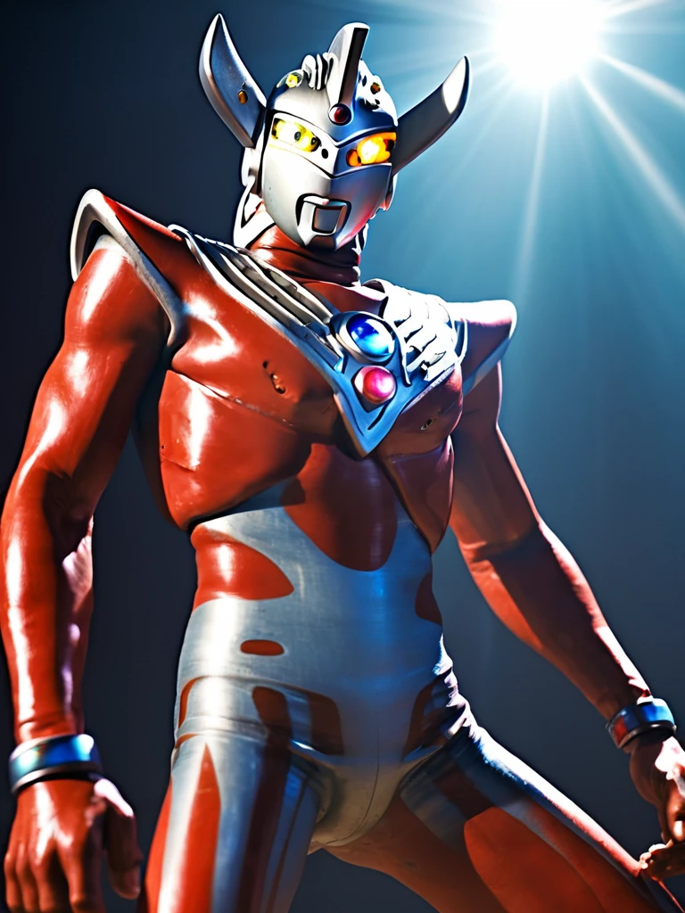 nude,photo realistic,35mm films,ultrares,4k,gay,bara,NSFW,Ultraman Taro,Alien,Science fiction,Futuristic design,Ultraman Taro standing on a large stage under the spotlight, naked in only white underwear, 40-year-old hairy skinny body, old scars all over his body, damaged helmet, sadly drooping head, thick iron collar around his neck, thick chain connected to the collar stretching long behind his back, a large lizard-like alien leading Ultraman Taro by the hand, many furry aliens in the audience