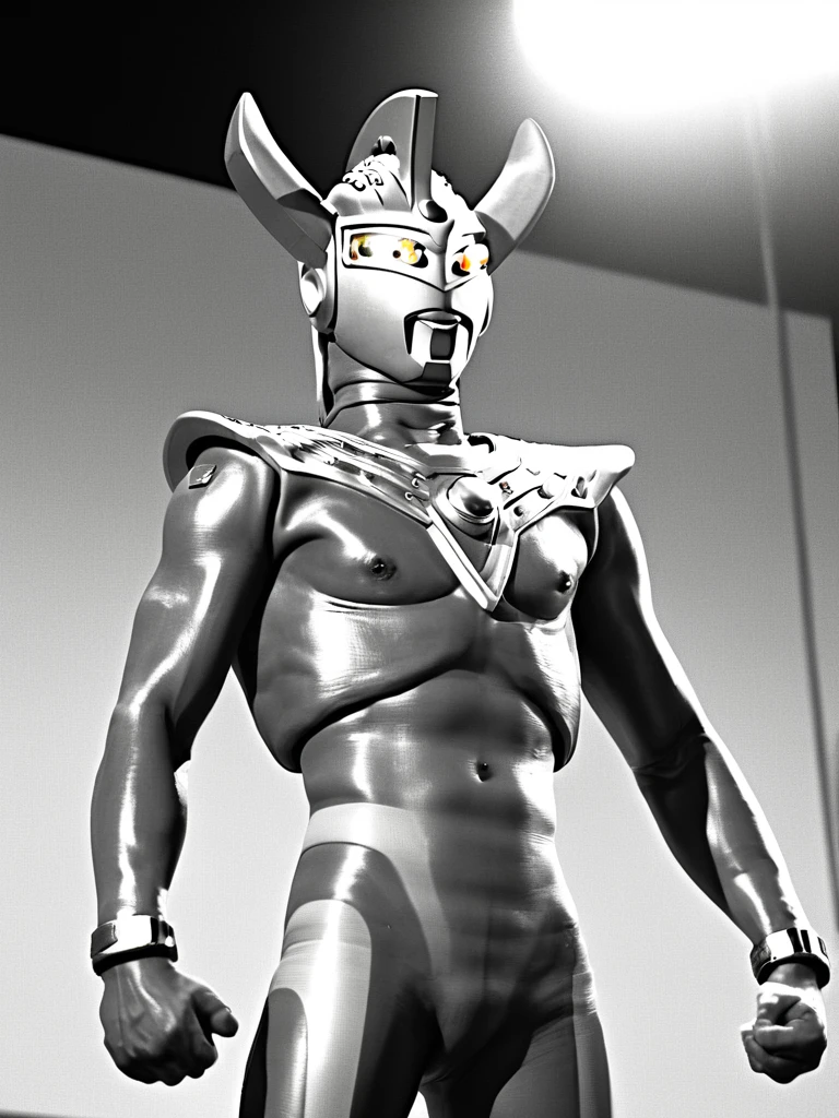 Distant view, auction hall, photo realistic, 35mm films, ultrares, 4k, gay, bara, NSFW, 2man,Ultraman Taro, a slave up for auction, alien, science fiction, futuristic design, Ultraman Taro walks with his head down on a large spotlit stage,sad look, skinny body has fat round  belly,naked only wearing a mask, pale skin, handcuffs,body the same skin color as humans, naked only in a bulging pair of white underwear, hairy and skinny 40-year-old body, little fat belly,old scars all over his body, damaged helmet, sadly hanging his head, thick iron collar around his neck, thick chains connected to the collar stretching long behind his back, a large lizard-like alien leading him by the hand, many furry aliens in the audience