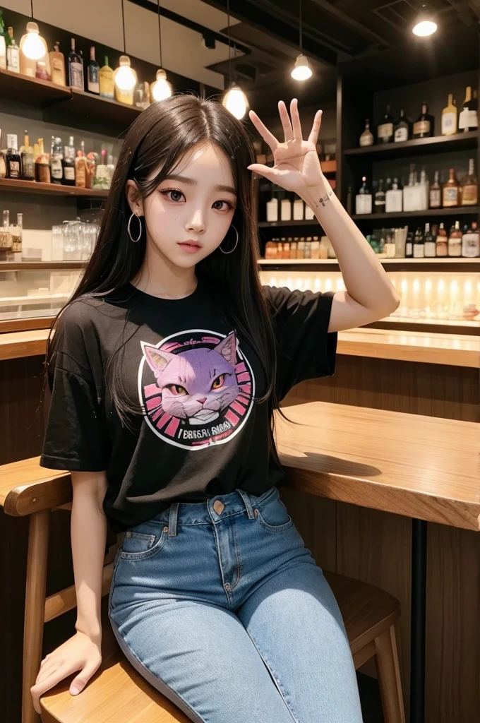 Jisoo do blackpink, Brazil t-shirt, sitting, bar table, Beerus