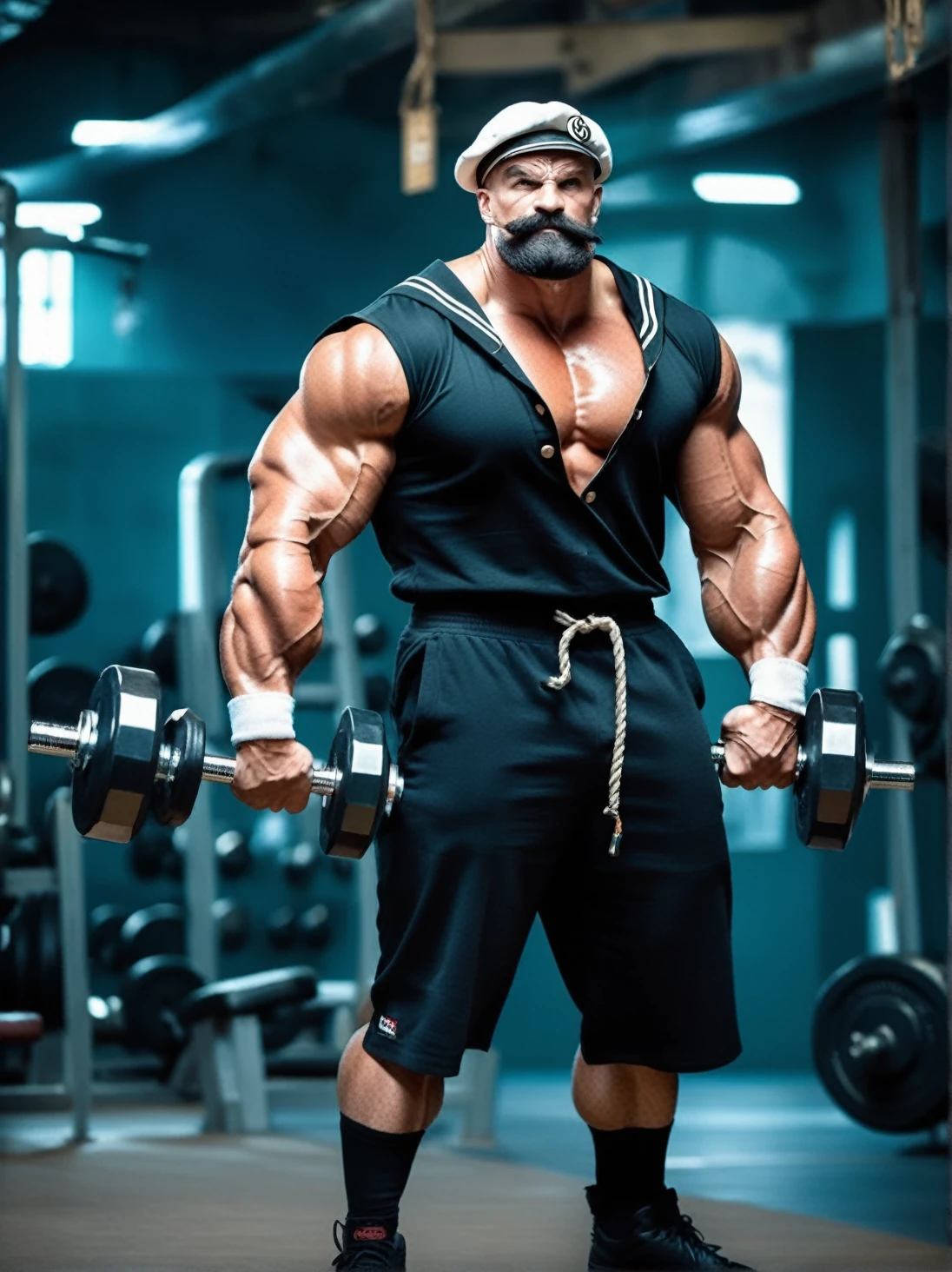 Sailor Popeye faithful to the work, lifting a big dumbbell as a bodybuilding athlete, highlighting your chin and forearm, your muscles well defined, Symmetrical, not exaggerated, harmonic, classic sailor look with pipe, black beard. with a powerful expression, Determined, force. The background of the image with elements of the work such as spinach, pipe and a gym, like weights, dumbbells, training equipment. With an intense atmosphere. Essence "badass" clenched fists, left eye is white . highy detailed, film, bokeh, proffesional, highy detailed