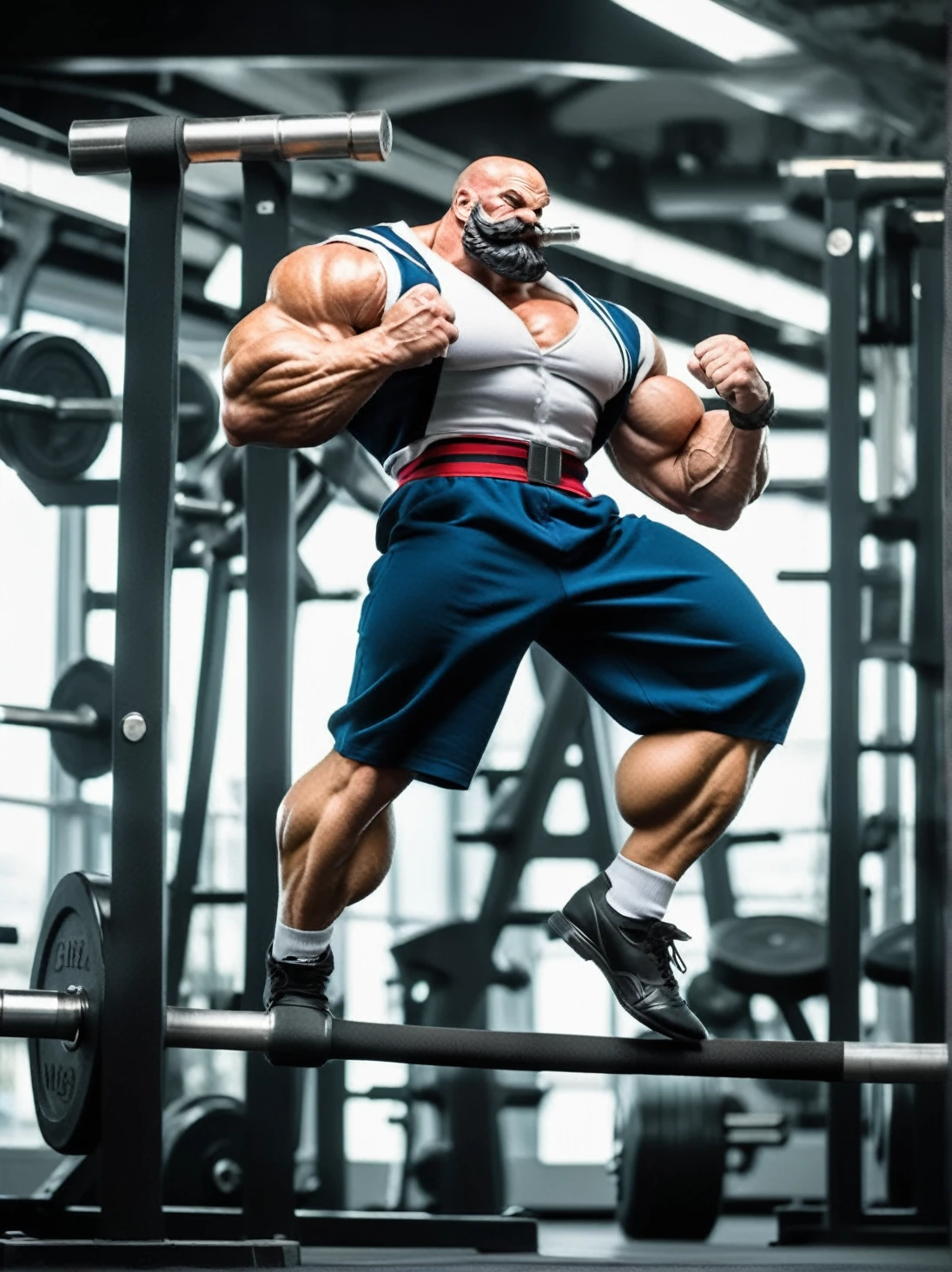 Sailor Popeye faithful to the work, lifting a big dumbbell as a bodybuilding athlete, highlighting your chin and forearm, your muscles well defined, Symmetrical, not exaggerated, harmonic, classic sailor look with pipe, black beard. with a powerful expression, Determined, force. The background of the image with elements of the work such as spinach, pipe and a gym, like weights, dumbbells, training equipment. With an intense atmosphere. Essence "badass" clenched fists, left eye is white . highy detailed, film, bokeh, proffesional, highy detailed