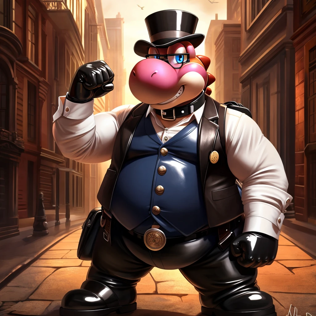 Solo, Male, fat, extremely obese, gentleman, dapper Professor Yoshi, blue eyes, (posing:1.3), (soft shading), 4k, hi res, ((detailed face, detailed)), looking at viewer, evil grin, steampunk, collared shirt with buttons, top hat, male focus, Explorer Outfit, glasses, monocle, bag, vest with buttons, backpack, sleeves rolled up, round eyewear, brown headwear, brown vest, Yoshi is wearing a glossy leather dog collar around the neck, Yoshi is wearing the leather collar and shirt and vest at the same time, Yoshi is wearing glossy white rubber gloves on the hands, wearing white rubber gloves on the feet, Yoshi is wearing glossy white cuffs around the wrists with cufflinks, gloves are rubber in texture, clenching teeth, clenching fists, leather collar is glossy and shiny with a lot of detail, Yoshi is wearing gloves and cuffs and cufflinks at the same time, leather collar has a round dog-tag, leather collar is thick and detailed.