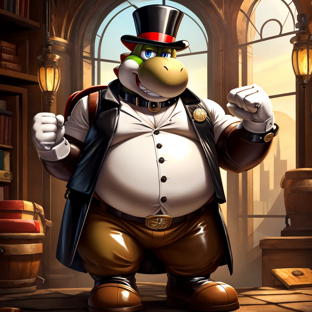 Solo, Male, fat, extremely obese, gentleman, dapper Professor Yoshi, blue eyes, (posing:1.3), (soft shading), 4k, hi res, ((detailed face, detailed)), looking at viewer, evil grin, steampunk, collared shirt with buttons, top hat, male focus, Explorer Outfit, glasses, monocle, bag, vest with buttons, backpack, sleeves rolled up, round eyewear, brown headwear, brown vest, Yoshi is wearing a glossy leather dog collar around the neck, Yoshi is wearing the leather collar and shirt and vest at the same time, Yoshi is wearing glossy white rubber gloves on the hands, wearing white rubber gloves on the feet, Yoshi is wearing glossy white cuffs around the wrists with cufflinks, gloves are rubber in texture, clenching teeth, clenching fists, leather collar is glossy and shiny with a lot of detail, Yoshi is wearing gloves and cuffs and cufflinks at the same time, leather collar has a round dog-tag, leather collar is thick and detailed.