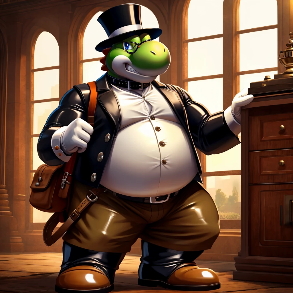 Solo, Male, fat, extremely obese, gentleman, dapper Professor Yoshi, blue eyes, (posing:1.3), (soft shading), 4k, hi res, ((detailed face, detailed)), looking at viewer, evil grin, steampunk, collared shirt with buttons, top hat, male focus, Explorer Outfit, glasses, monocle, bag, vest with buttons, backpack, sleeves rolled up, round eyewear, brown headwear, brown vest, Yoshi is wearing a glossy leather dog collar around the neck, Yoshi is wearing the leather collar and shirt and vest at the same time, Yoshi is wearing glossy white rubber gloves on the hands, wearing white rubber gloves on the feet, Yoshi is wearing glossy white cuffs around the wrists with cufflinks, gloves are rubber in texture, clenching teeth, clenching fists, leather collar is glossy and shiny with a lot of detail, Yoshi is wearing gloves and cuffs and cufflinks at the same time, leather collar has a round dog-tag, leather collar is thick and detailed.